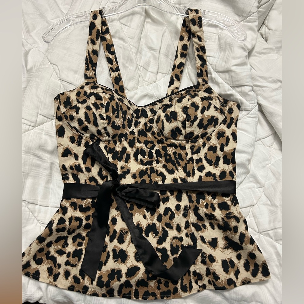 Guess Leopard Print bustier/corset-style top with straps and a waist tie.